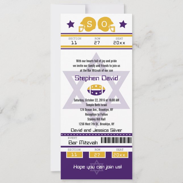 Purple Gold Bar Mitzvah Football Ticket Invitation (Front)