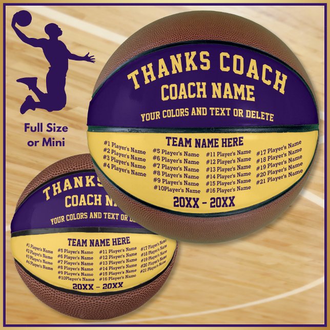 Purple, Gold Basketball Coach Appreciation Gifts (Purple and Gold, Gift Ideas for Basketball Coaches. Personalized Basketballs with ALL Players Names.)