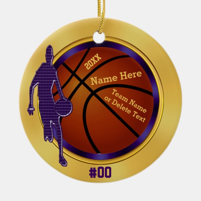 Purple, Gold, Basketball Ornaments for Boys, Coach (Front)