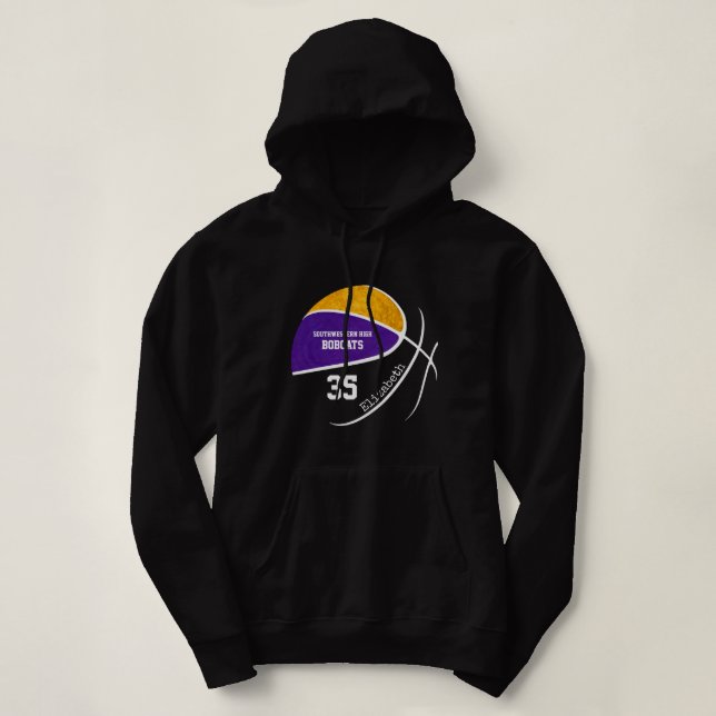 purple gold basketball team personalised black hoodie (Design Front)