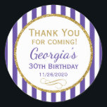 Purple Gold Birthday Thank You For Favour Tags<br><div class="desc">Elegant birthday stickers featuring Purple and white stripes with sophisticated gold glitter accent frame. These fashionable and stylish birthday stickers will be a hit for any birthday party decor and as favour tags. Great for 21st 30th 35th 40th 45th 50th 55th 60th 65th 70th 75th 80th 85th 90th 95th, 100...</div>