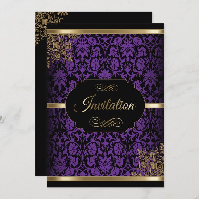 Purple, Gold & Black Damask DIY Party Invitations (Front/Back)