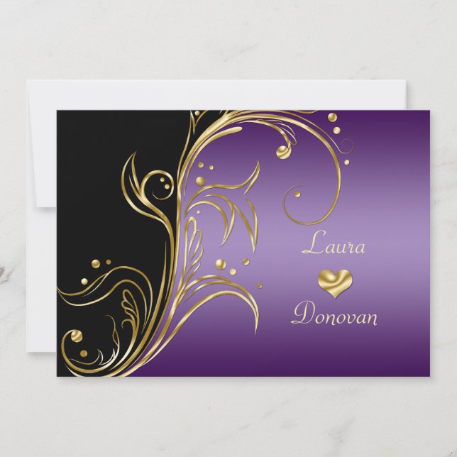 Purple Gold Black Floral Swirls Reception Only Invitation (Front)