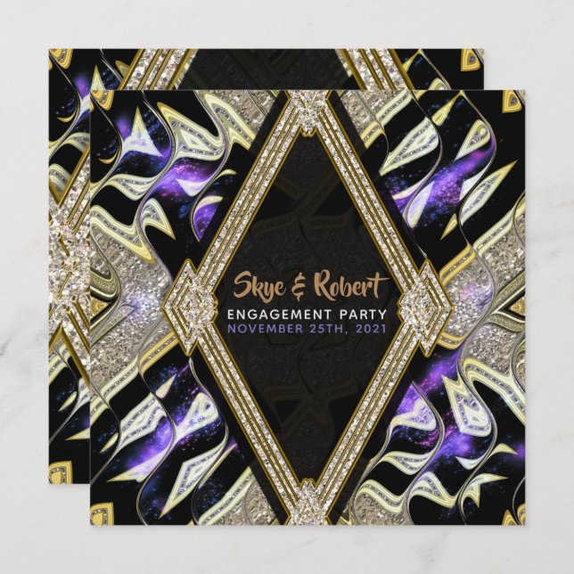Purple Gold & Black Glamour Engagement Party Invitation (Front/Back)