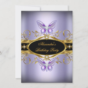 Purple Gold Black Jewel Butterfly Birthday Party Invitation