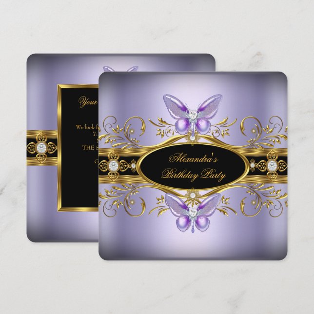 Purple Gold Black Jewel Butterfly Birthday Party Invitation (Front/Back)