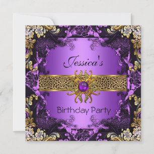 Purple Gold Black Leopard Birthday Party 2 Invitation