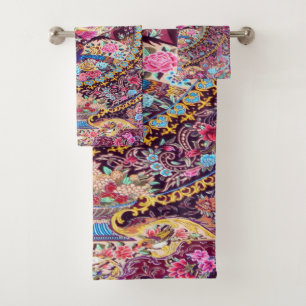 Purple Gold Blue Persian Floral Flowers Peacock Bath Towel Set