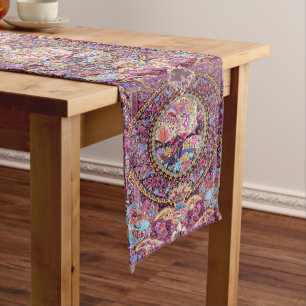 Purple Gold Blue Persian Floral Flowers Peacock Long Table Runner
