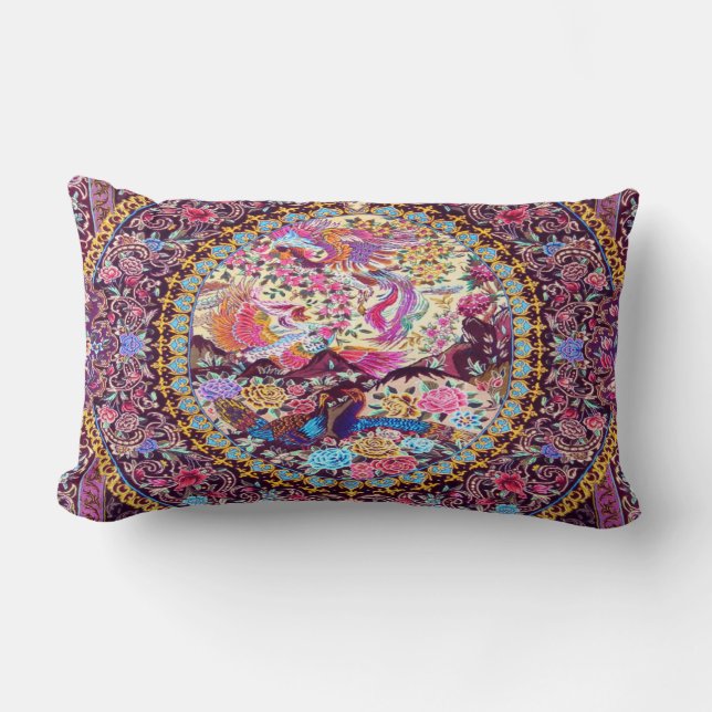 Purple Gold Blue Persian Floral Flowers Peacock Lumbar Cushion (Front)