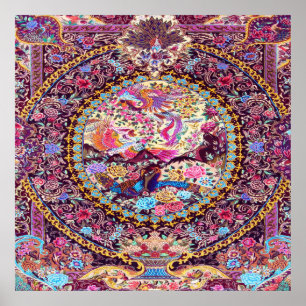 Purple Gold Blue Persian Floral Flowers Peacock Poster