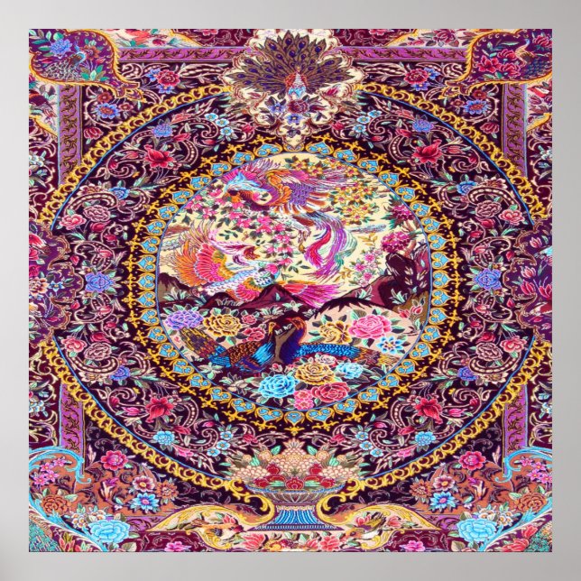 Purple Gold Blue Persian Floral Flowers Peacock Poster (Front)