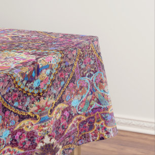 Purple Gold Blue Persian Floral Flowers Peacock Tablecloth