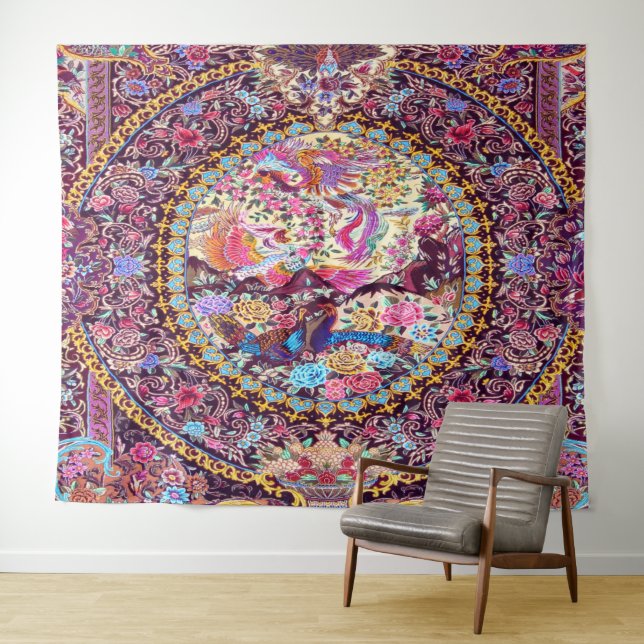 Purple Gold Blue Persian Floral Flowers Peacock Tapestry (In Situ (Horizontal))