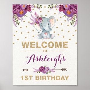 Purple Gold Boho Elephant Birthday Welcome Sign