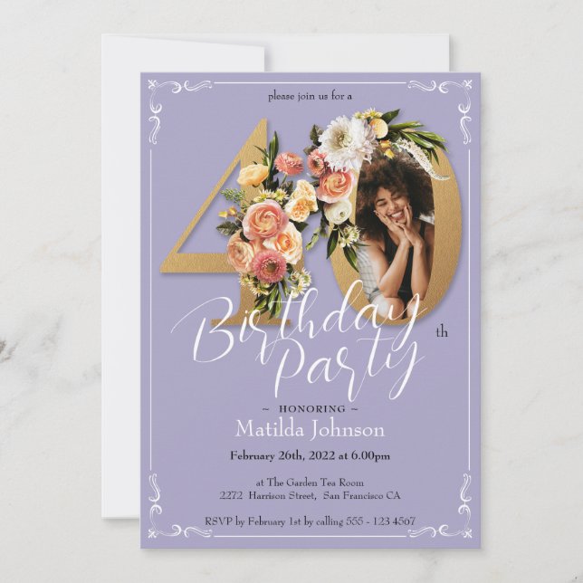 Purple Gold Boho Floral Custom Photo 40th Birthday Invitation (Front)