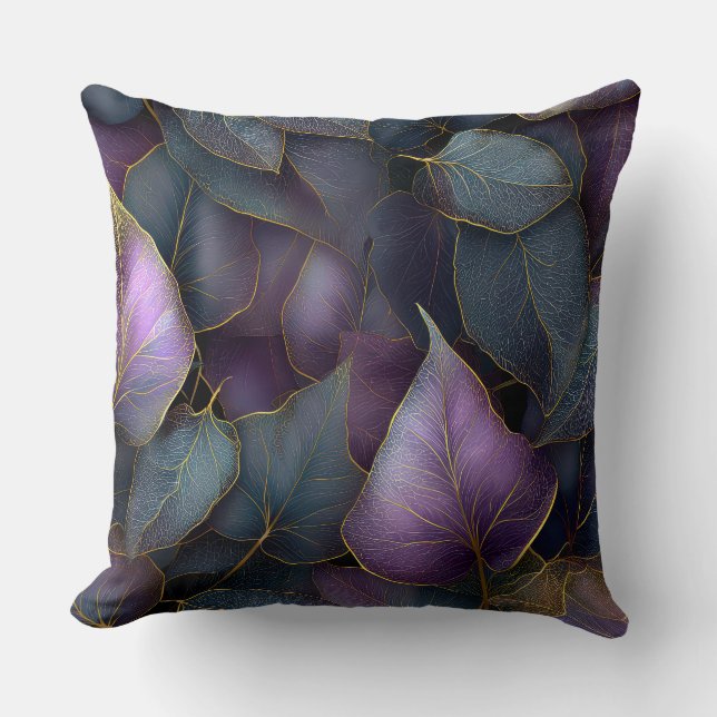 Purple Gold Botanical Leaves Throw Pillow (Front)