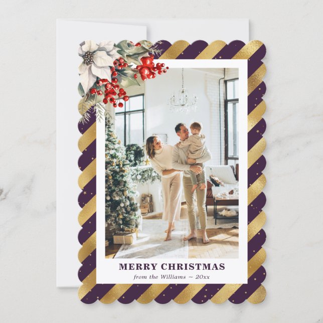 Purple Gold Botanical Modern Photo Christmas Card (Front)