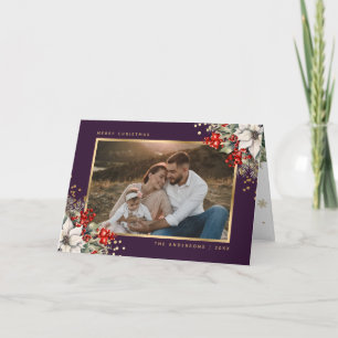 Purple Gold Botanical Photo Christmas Card