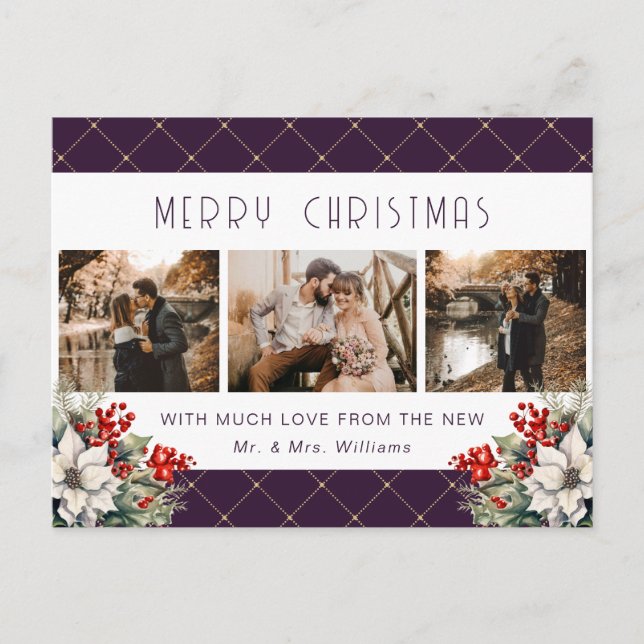 Purple Gold Botanical Photo Newlywed Holiday Postcard (Front)