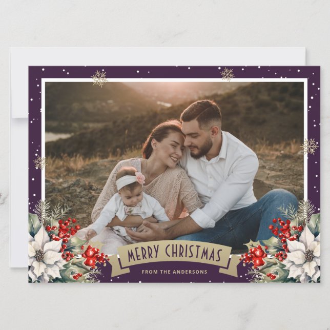 Purple Gold Botanical Snowflake Photo Christmas Holiday Card (Front)