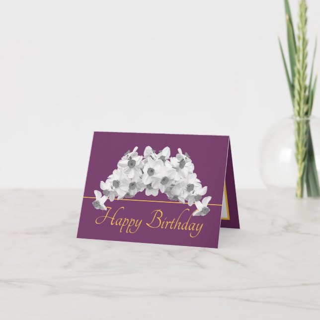 Purple Gold Bouquet White Daffodils Happy Birthday Card (Front)