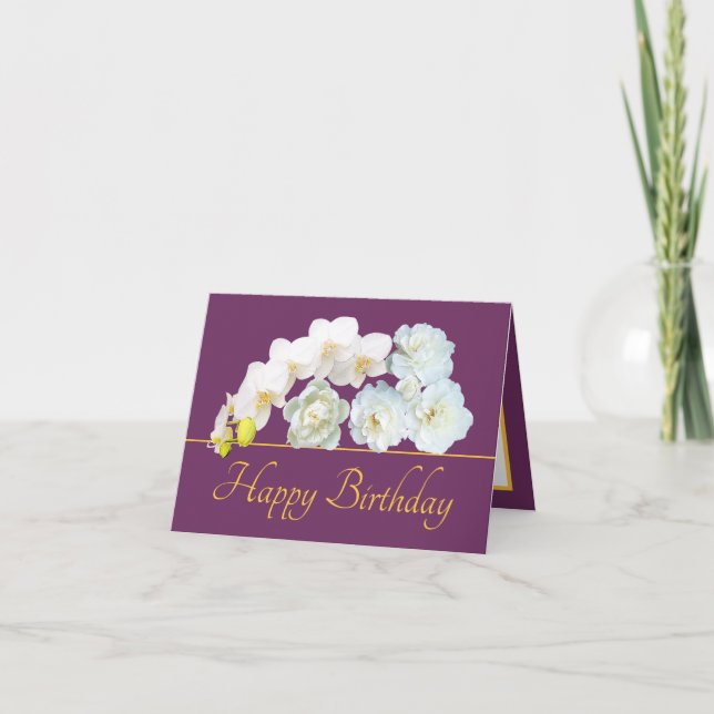 Purple Gold Bouquet White Flowers Happy Birthday Card (Front)