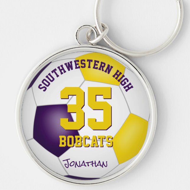 purple gold boys girls sports team name soccer key ring (Front)