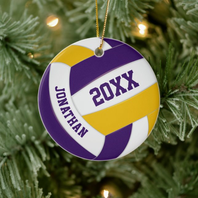 purple gold boys girls team colours volleyball ceramic ornament (Tree)