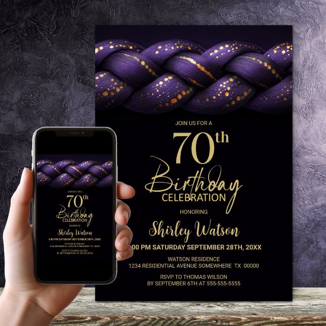 Purple Gold Braid 70th Birthday Party Invitation (Creator Uploaded)