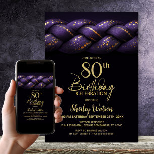 Purple Gold Braid 80th Birthday Party Invitation