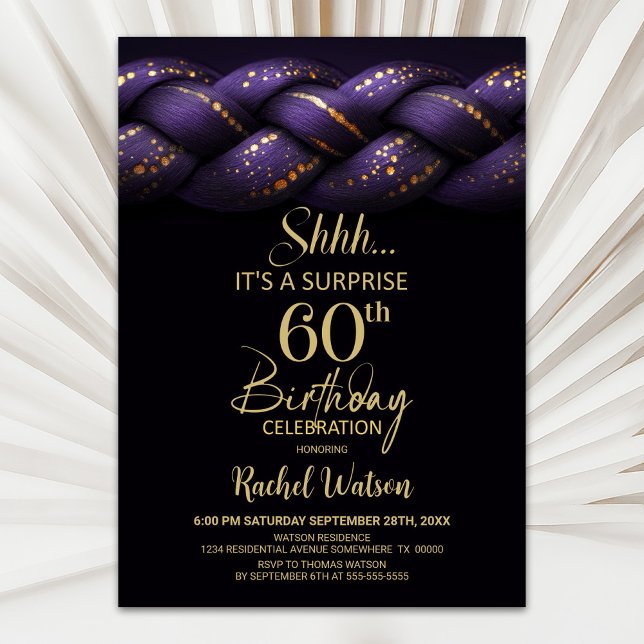 Purple Gold Braid Surprise 60th Birthday Party Invitation (Creator Uploaded)