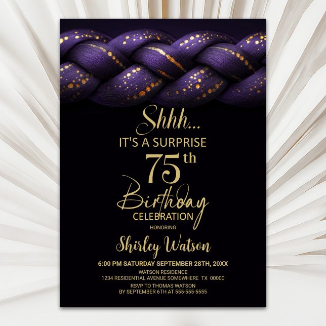 Purple Gold Braid Surprise 75th Birthday Party Invitation (Creator Uploaded)