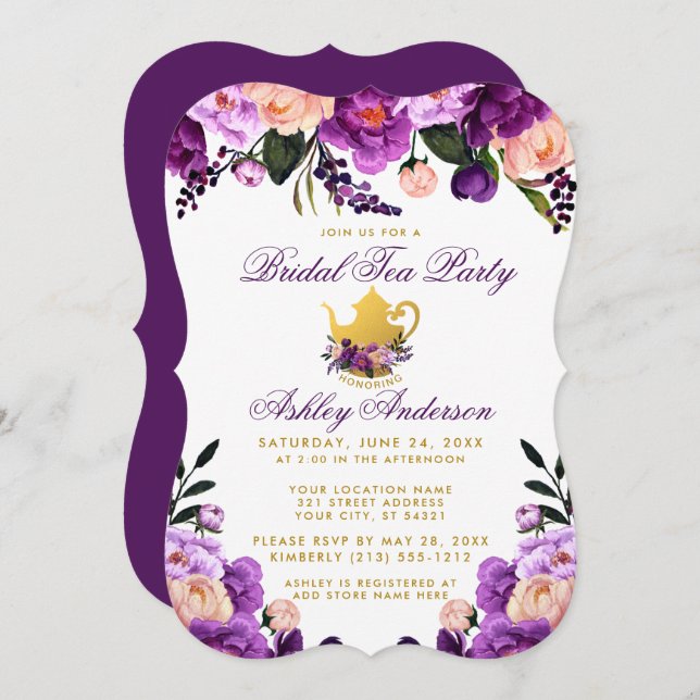 Purple Gold Bridal Shower Tea Party Invite BP (Front/Back)