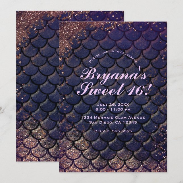 Purple Gold Bronze Glitter Mermaid Sweet 16   Invitation (Front/Back)