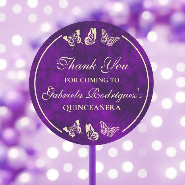 Purple Gold Butterflies 15 Years Old Quinceañera Classic Round Sticker (Purple Gold Butterflies 15 Years Old Quinceañera Classic Round Sticker)