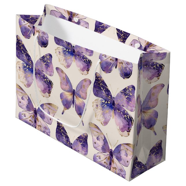 Purple Gold Butterflies Birthday  Large Gift Bag (Front Angled)