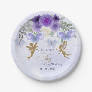 Purple Gold Butterflies Fairy First Birthday Paper Plate