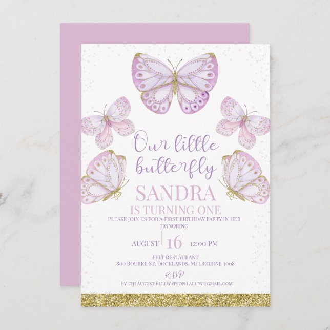 Purple Gold Butterflies Girls 1st Birthday Invitat Invitation (Front/Back)
