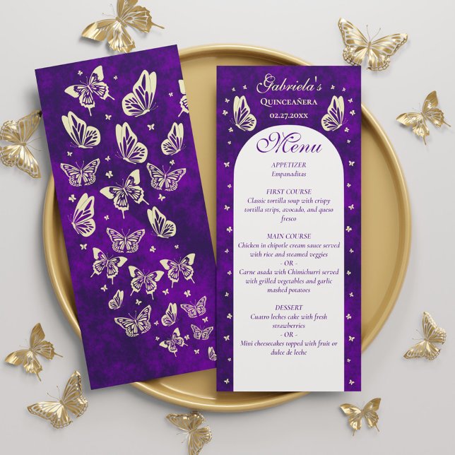 Purple Gold Butterflies Quinceañera 15th Birthday Menu (Purple Gold Butterflies Quinceañera 15th Birthday Menu)