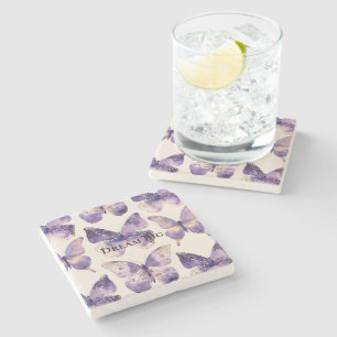 Purple Gold Butterflies Stone Coaster