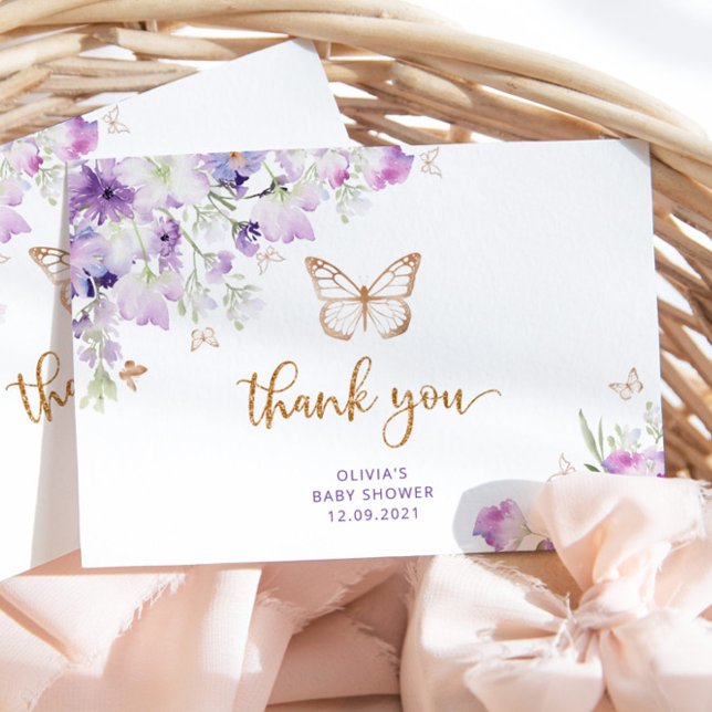 Purple gold butterfly baby shower thank you card (Creator Uploaded)