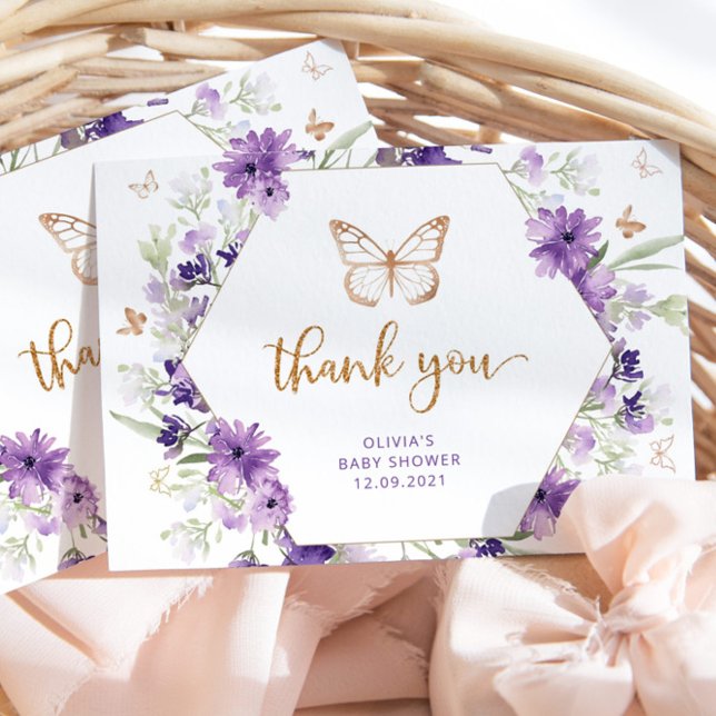 Purple gold butterfly baby shower thank you card (Creator Uploaded)