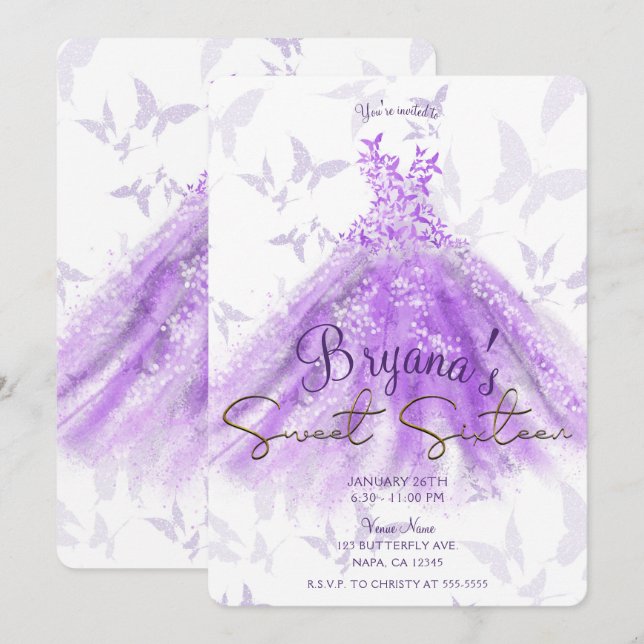 Purple Gold Butterfly Dance Dress Sweet 16 Party Invitation (Front/Back)
