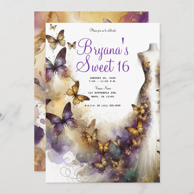Purple & Gold Butterfly Dress Fantasy Sweet 16  Invitation (Front/Back)