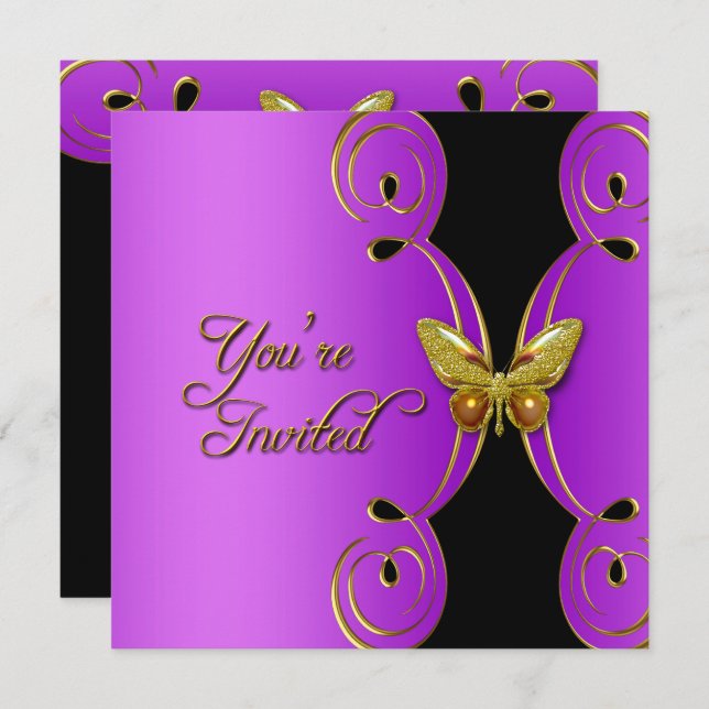 Purple Gold Butterfly Elegant Birthday Party Invitation (Front/Back)