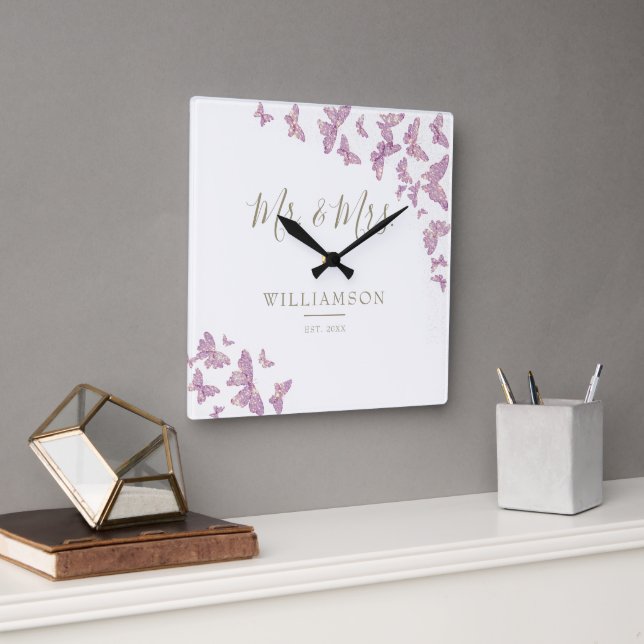 Purple Gold Butterfly Elegant Wedding Anniversary Square Wall Clock (Office)