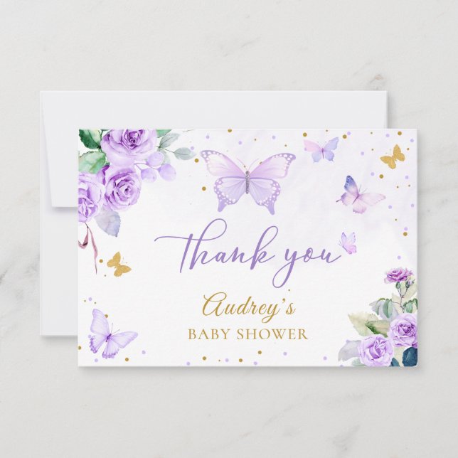 Purple Gold Butterfly Floral Girl Baby Shower Thank You Card (Front)