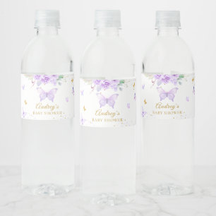 Purple Gold Butterfly Floral Girl Baby Shower Water Bottle Label