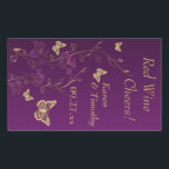 Purple, Gold Butterfly Floral Wine Label Sticker<br><div class="desc">This personalised purple and gold floral red wine label sticker has butterflies and flowers on it that match the wedding invitation shown below. The text is customisable. If you need help personalising this with your own details,  or if you need any changes,  please email niteowlstudio@gmail.com.</div>